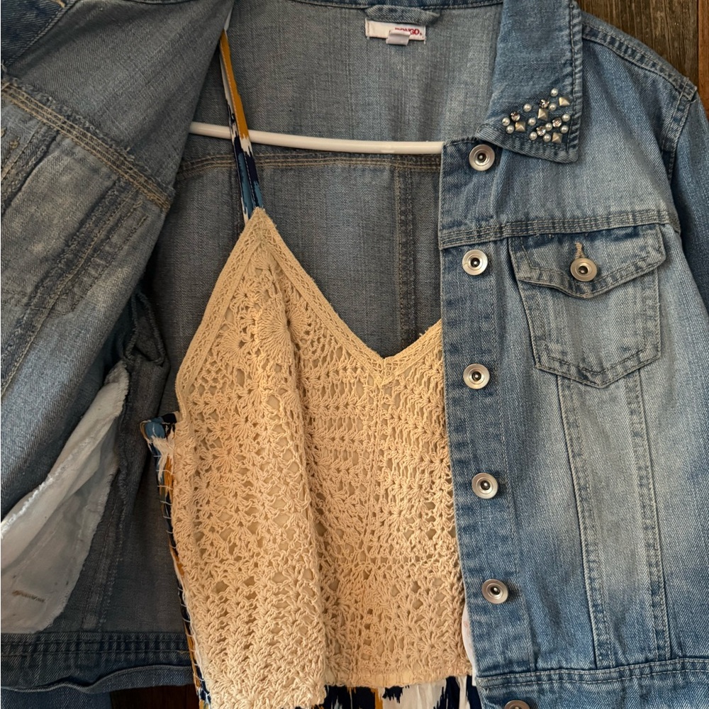 Cream & Blue jumpsuit with Jean Jacket set size Large - Picture 5 of 10